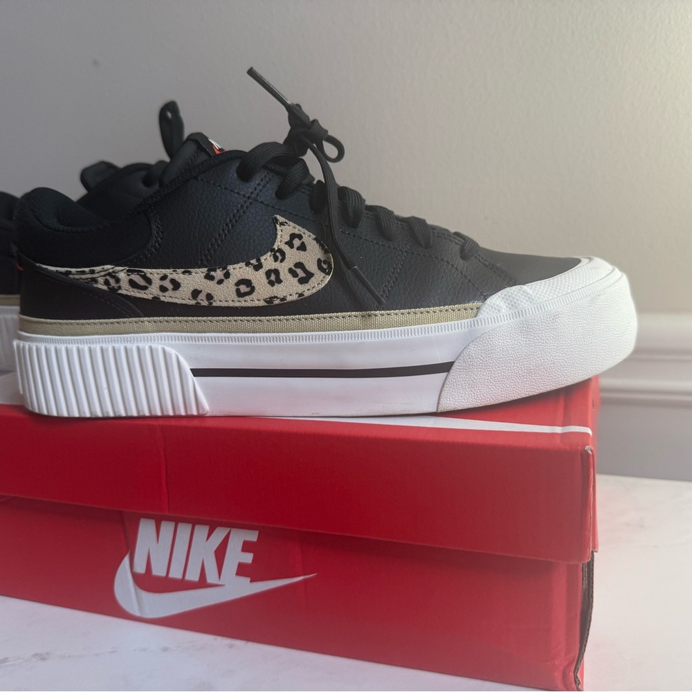 Nike Court Legacy Lift Black, White w/Animal Print Swoosh. Great Condition.